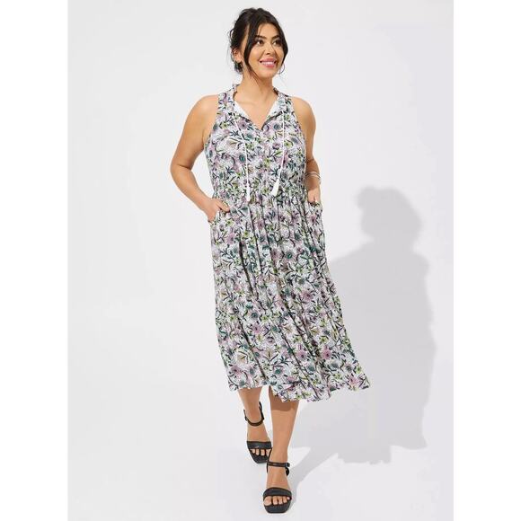 Torrid Midi Wash Gauze Tiered Dress Chessie Linework Floral Tank Pockets Size 2X - Picture 1 of 7